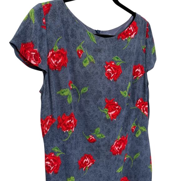 Vintage Escada Size 44 Short Sleeve Midi Dress Blue Rosette Floral Cotttagecore - Picture 3 of 11